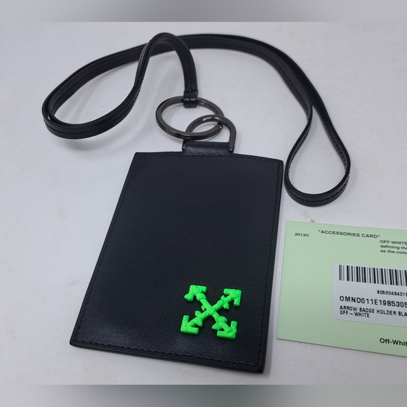 Off-White Virgil Abloh Arrows Lanyard ID Tag Badge Holder Black Green Leather - Picture 10 of 11